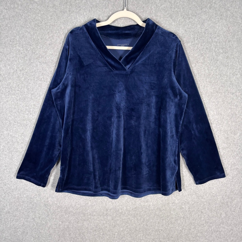 Appleseeds Velvet Sweatshirt Top PXL Navy Soft Comfy Cozy Coastal Grandma
